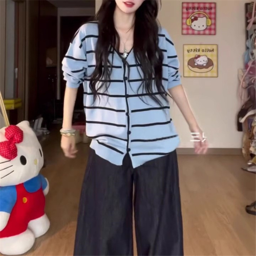 Korean-style blue-striped sweater for autumn—loose, cozy, and casual—long-sleeve knit top with a two-piece set