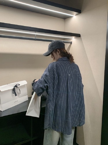 60% Cotton 40% Polyester Retro High-Count Cotton Loose Fitting Slimming Long-Sleeve Checkered Shirt for Women Spring