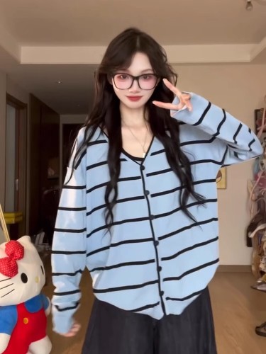 Korean-style blue-striped sweater for autumn—loose, cozy, and casual—long-sleeve knit top with a two-piece set