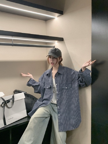 60% Cotton 40% Polyester Retro High-Count Cotton Loose Fitting Slimming Long-Sleeve Checkered Shirt for Women Spring