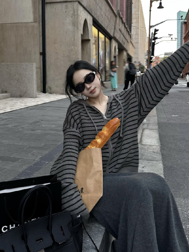 Drawstring Hooded Striped Knitted Cardigan for Women | Autumn Korean-Style Loose-Fit Lazy-Style Outerwear Sweater Top Coat