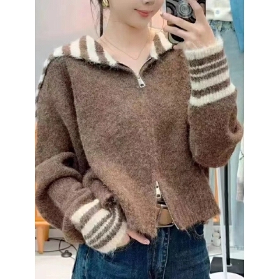 Early Autumn Striped Cardigan with Long Sleeves, Double Zipper Knit Top for Women - 2025 New Arrival, High-End Style, Pretty and Youthful, Short Length
