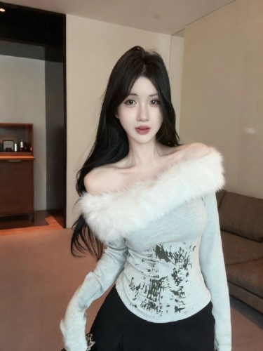 Pattern processed autumn new retro faux mink one-shoulder long-sleeve detachable two-way waisted sexy base layer