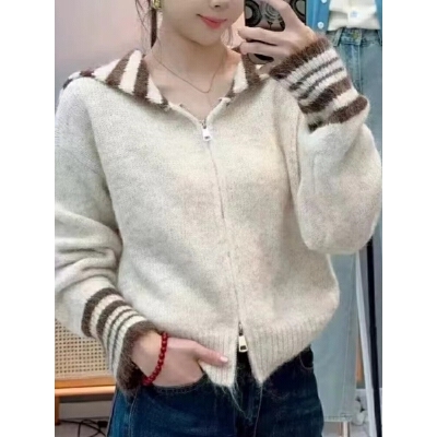 Early Autumn Striped Cardigan with Long Sleeves, Double Zipper Knit Top for Women - 2025 New Arrival, High-End Style, Pretty and Youthful, Short Length