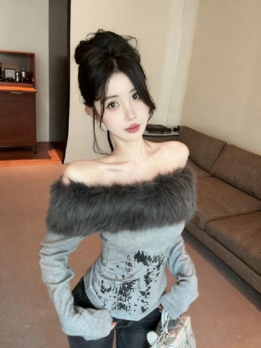 Pattern processed autumn new retro faux mink one-shoulder long-sleeve detachable two-way waisted sexy base layer