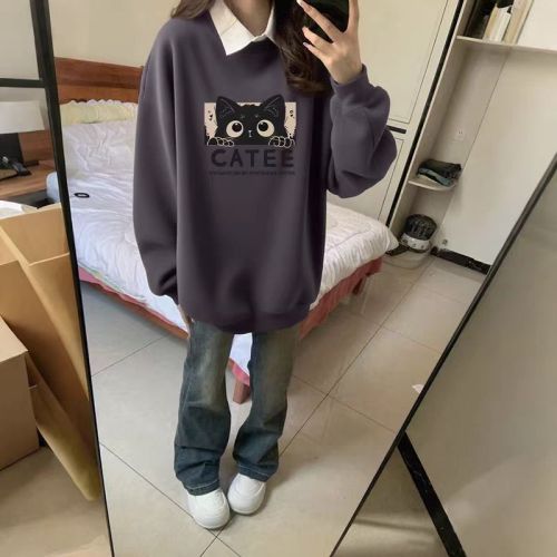 High-quality cotton blended CVC ribbed round neck printed women's couple sweatshirt regular lined