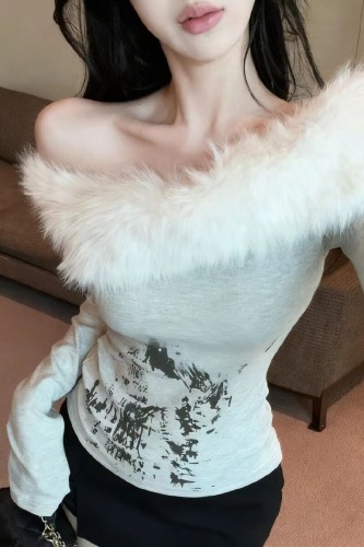 Pattern processed autumn new retro faux mink one-shoulder long-sleeve detachable two-way waisted sexy base layer