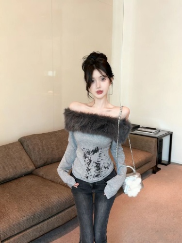 Pattern processed autumn new retro faux mink one-shoulder long-sleeve detachable two-way waisted sexy base layer