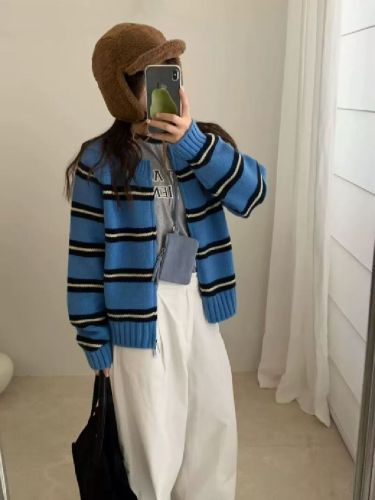 Korean Striped Zipper Knit Jacket 2025 Autumn New Outerwear Plaid Sweater Long Sleeve Short Length Color Block Top