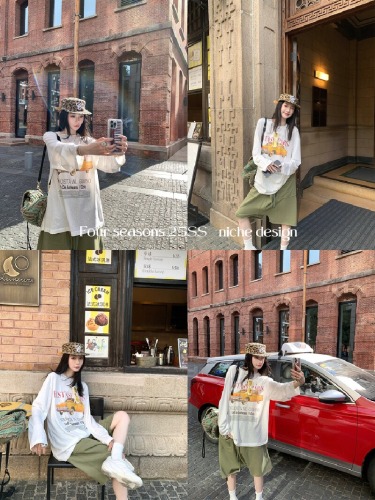 Official Image: 21-ply Pure Cotton - 210g 100% Cotton Autumn Long-Sleeve T-Shirt for Women Loose Top Printed