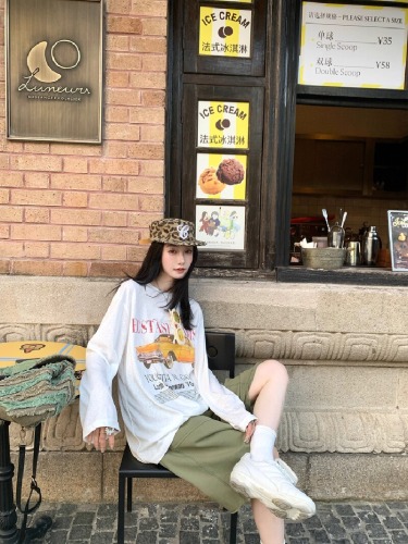 Official Image: 21-ply Pure Cotton - 210g 100% Cotton Autumn Long-Sleeve T-Shirt for Women Loose Top Printed