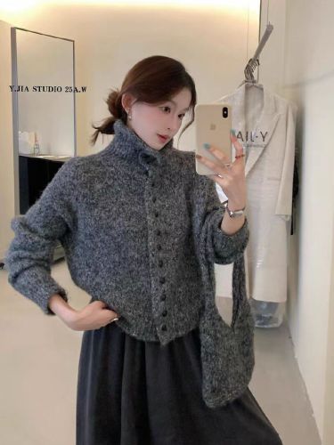 Korean-style loose high-neck thick warm women's autumn slimming long-sleeved knitted cardigan with bag