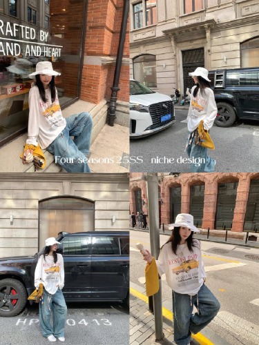 Official Image: 21-ply Pure Cotton - 210g 100% Cotton Autumn Long-Sleeve T-Shirt for Women Loose Top Printed