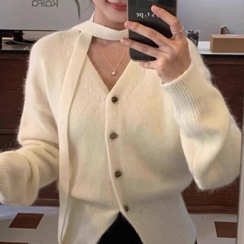 V-neck Ribbon Sweater Cardigan Coat for Women, 2025 Autumn/Winter Collection—New Lazy-Style Soft & Fluffy Knitted Top