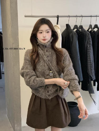 Korean-style loose high-neck thick warm women's autumn slimming long-sleeved knitted cardigan with bag