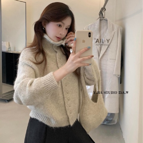 Korean-style loose high-neck thick warm women's autumn slimming long-sleeved knitted cardigan with bag
