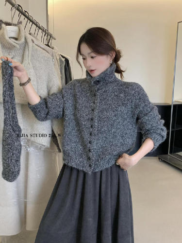 Korean-style loose high-neck thick warm women's autumn slimming long-sleeved knitted cardigan with bag