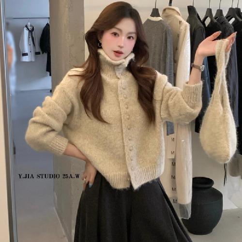 Korean-style loose high-neck thick warm women's autumn slimming long-sleeved knitted cardigan with bag
