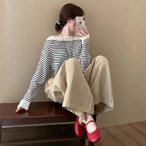 Lazy Style Striped One-Shoulder Top for 2025 Autumn/Winter New Korean Version Casual Slimming Elegant Knit Top for Women