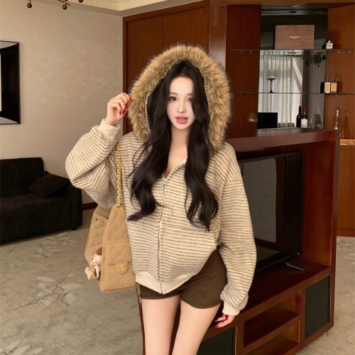 Shot~American Retro Striped Plaid Wool Collar Open Hooded Sweatshirt Winter 2025 New Loose Zipper Coat