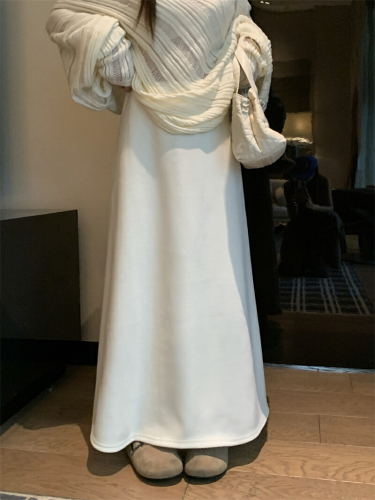 Photographed Real Autumn/Winter Elastic Waist Slim Hiding Fat Draping Pure Color Elegant Semi-Body Skirt