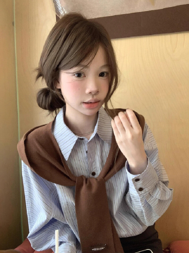 A French-style, unique, exquisite pure cotton crewneck shirt with blue stripes and long sleeves.