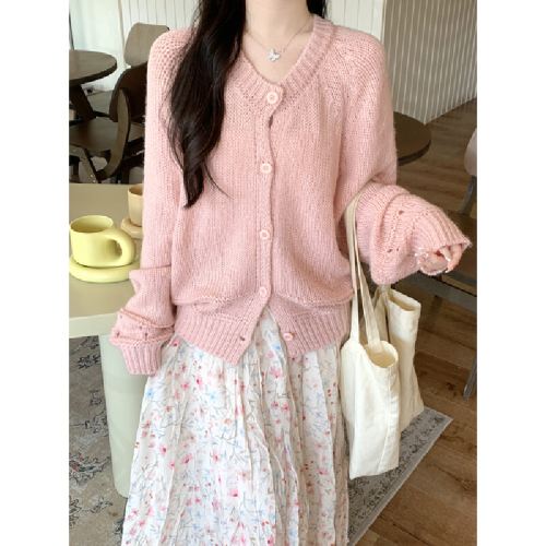 Photographed Korean Autumn/Winter Sweet Lace-embroidered Round Neck Buttoned Mohair Knit Cardigan Sweater Jacket