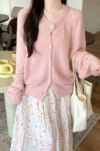 Photographed Korean Autumn/Winter Sweet Lace-embroidered Round Neck Buttoned Mohair Knit Cardigan Sweater Jacket
