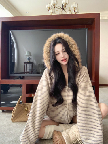 Shot~American Retro Striped Plaid Wool Collar Open Hooded Sweatshirt Winter 2025 New Loose Zipper Coat