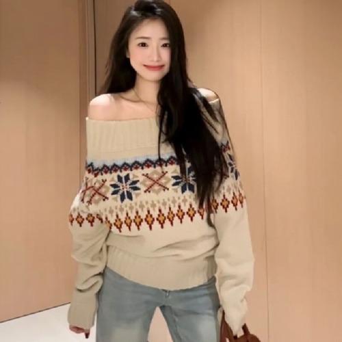 Korean-style lazy soft and chewy one-shoulder women's sweater 2025 autumn/winter new retro floral knitting sweater