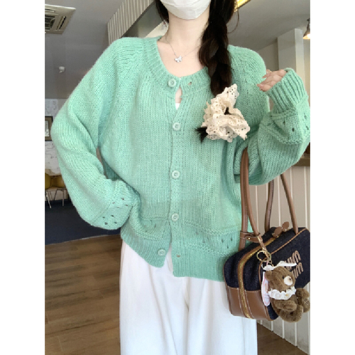 Photographed Korean Autumn/Winter Sweet Lace-embroidered Round Neck Buttoned Mohair Knit Cardigan Sweater Jacket