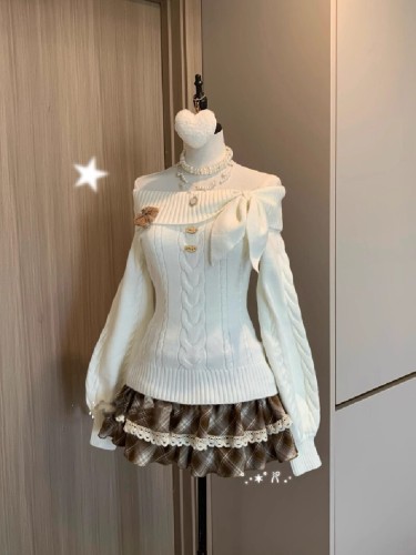 A one-shoulder rabbit ear round neck long-sleeved ancient-style knitted sweater for women, suitable for autumn and winter, elegant and sweet, versatile and stylish.