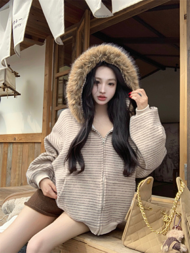 Shot~American Retro Striped Plaid Wool Collar Open Hooded Sweatshirt Winter 2025 New Loose Zipper Coat