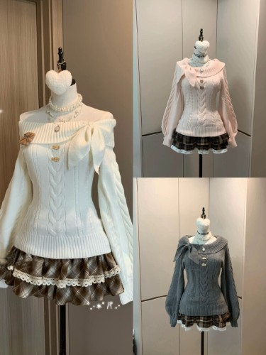 A one-shoulder rabbit ear round neck long-sleeved ancient-style knitted sweater for women, suitable for autumn and winter, elegant and sweet, versatile and stylish.