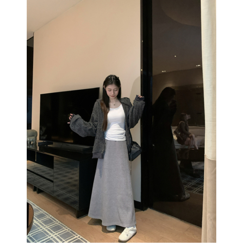 Photographed Real Autumn/Winter Elastic Waist Slim Hiding Fat Draping Pure Color Elegant Semi-Body Skirt