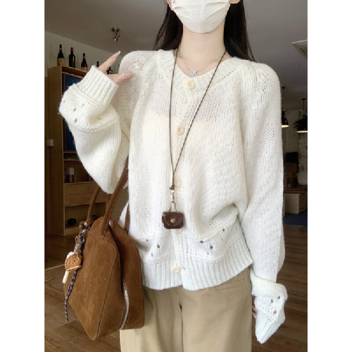 Photographed Korean Autumn/Winter Sweet Lace-embroidered Round Neck Buttoned Mohair Knit Cardigan Sweater Jacket