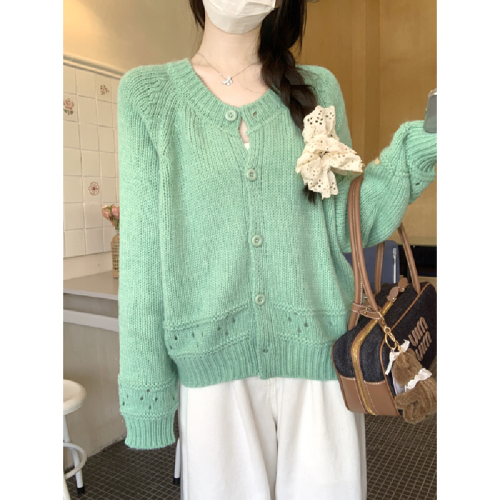 Photographed Korean Autumn/Winter Sweet Lace-embroidered Round Neck Buttoned Mohair Knit Cardigan Sweater Jacket
