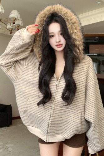 Shot~American Retro Striped Plaid Wool Collar Open Hooded Sweatshirt Winter 2025 New Loose Zipper Coat