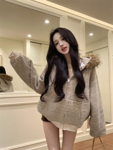 Shot~American Retro Striped Plaid Wool Collar Open Hooded Sweatshirt Winter 2025 New Loose Zipper Coat