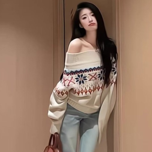 Korean-style lazy soft and chewy one-shoulder women's sweater 2025 autumn/winter new retro floral knitting sweater