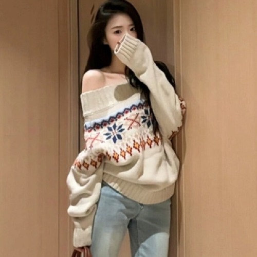 Korean-style lazy soft and chewy one-shoulder women's sweater 2025 autumn/winter new retro floral knitting sweater