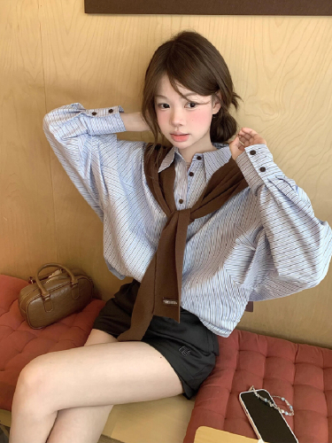 A French-style, unique, exquisite pure cotton crewneck shirt with blue stripes and long sleeves.