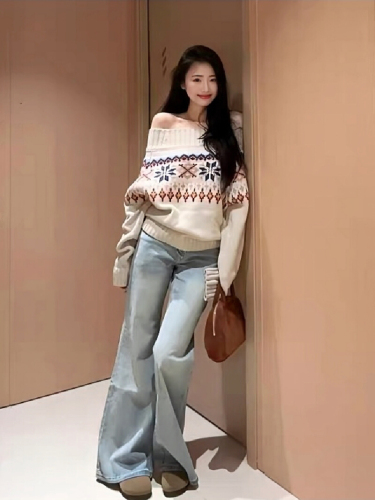 Korean-style lazy soft and chewy one-shoulder women's sweater 2025 autumn/winter new retro floral knitting sweater