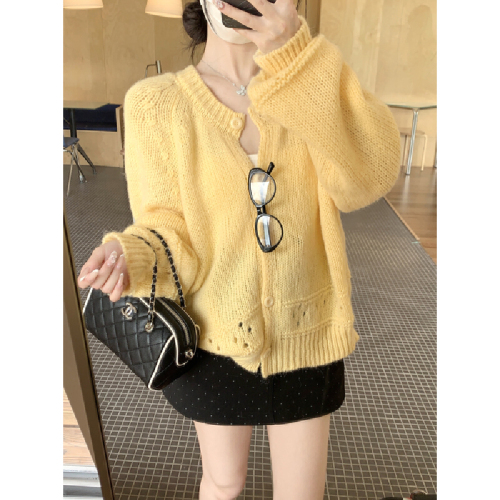 Photographed Korean Autumn/Winter Sweet Lace-embroidered Round Neck Buttoned Mohair Knit Cardigan Sweater Jacket