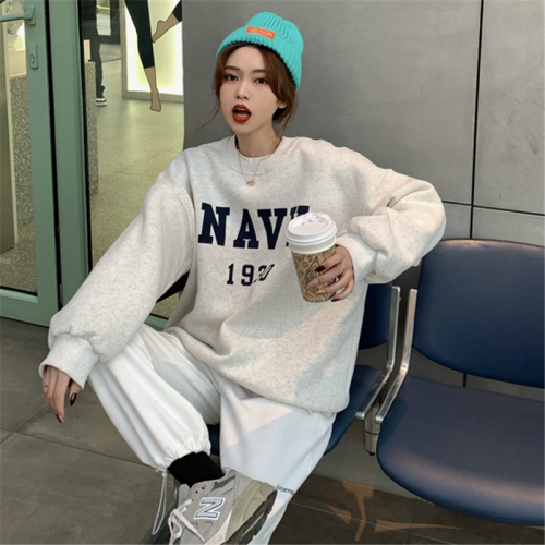 Cushioned and Thickened Fish Scale Thin Round Neck Printed Hoodie for Women - Autumn Thin Model Lazy Style Loose Long Sleeve