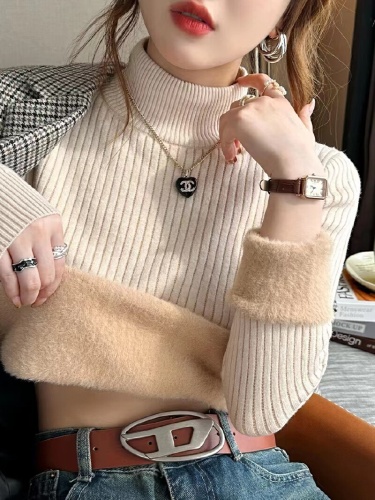 Women's Semi-High Collar Fleece Knit Sweater for Autumn/Winter 2025 New Arrival Crewneck Top with Integrated Fleece Lining - Thick and Luxurious High-End Outerwear