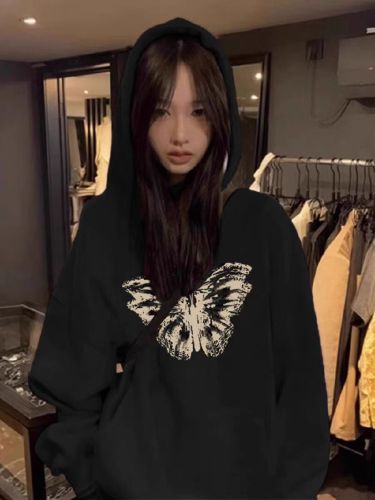 High-quality cotton blend CVC ribbed women's hooded print sweatshirt, regular lined