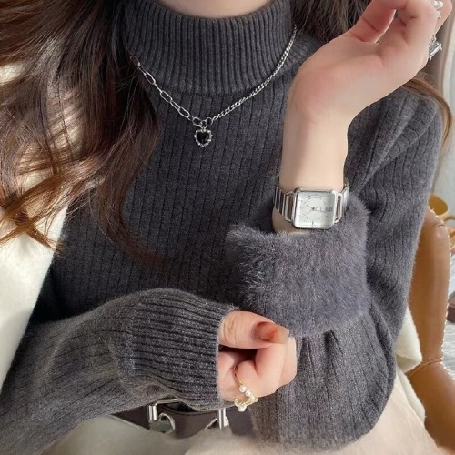 Women's Semi-High Collar Fleece Knit Sweater for Autumn/Winter 2025 New Arrival Crewneck Top with Integrated Fleece Lining - Thick and Luxurious High-End Outerwear