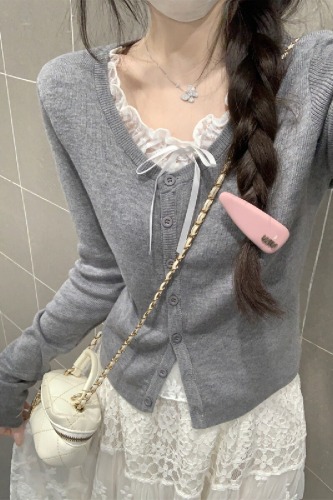 Real-shot Autumn/Winter Korean-style Alluring Elegant Slimming Faux Two-Piece Lace-Panelled Andy Velvet Knitted Base Top