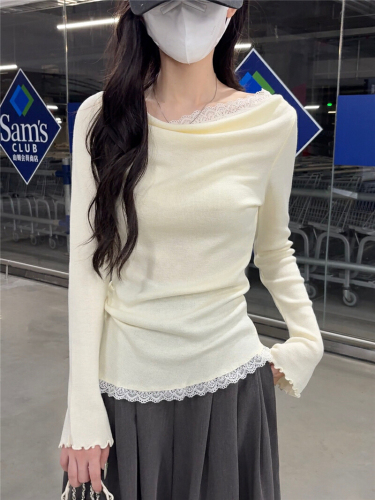 Photographed One-Shoulder Lace Off-the-Shoulder Knit Women's 2025 Summer New Thin Versatile Gentle Base Shirt